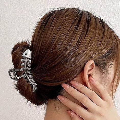 pince Cheveux En Forme D'os De Poisson Grande (noire), Jolie Pince Cheveux En Forme D'animal, Adapte Aux Femmes Et Aux Filles (1/4)