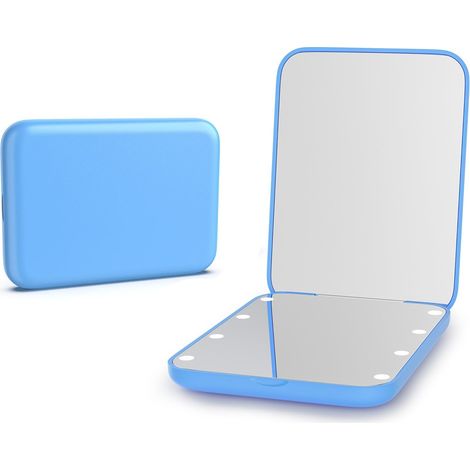 Miroir de poche, grossissement x1/3x, LED, miroir de maquillage compact avec lumière pour sac à main, 2 côtés, portable, pliable, petit miroir éclairé, bleu (1/5)