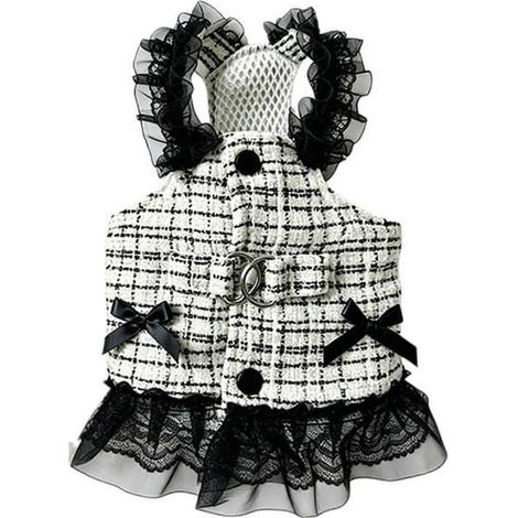 vêtements pour chiensRobe en tweed pour petits chiens avec harnais et bordure en dentelle, taille L, noire (1/5)