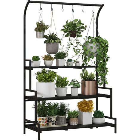 Support à plantes à 3 niveaux pour intérieur et extérieur, grand support à plantes en métal avec 6 crochets suspendus, étagère en bois pour présentation de pots de fleurs (1/5)