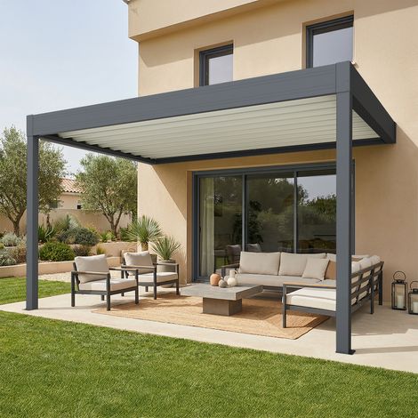 Pergola rétractable HYLIA (Motorisation à télécommande - Gris anthracite RAL 7016 (armature)  Blanc RAL 9010 (lames) - 4.50 x 4.109 m)