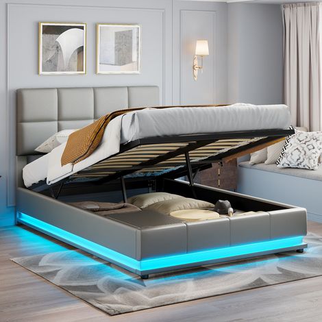 Lit coffre140 x 200, lit adulte 140x200cm avec LED, lit capitonné, cadre de lit, avec levier hydraulique, PU, Gris (1/5)