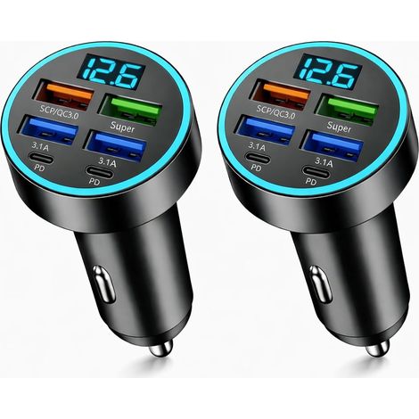 2PCS Allume Cigare USB Chargeur Voiture 66W à 6 Ports, Prise Allume Cigare USB C et USB A avec Écran LED, Cigare Rapide pour Smartphones Tablettes GPS, Chargeur Voiture (1/5)