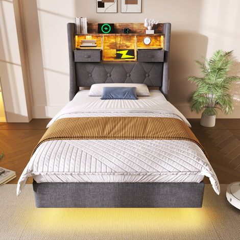 Lit simple 90x200 cm en lin gris avec LED, tête de lit et rangement, avec matelas – MEUBLIV (1/5)