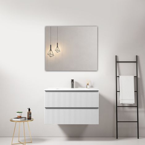 Mobile bagno sospeso cannettato 80 cm Bianco Lavabo in Ceramica Specchio Quadro - Fiji Paint (1/4)