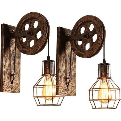 Lot de 2 Appliques Murales Industrielle, Éclairage Mural Vintage Poulie Lampe de Mur Luminaire Intérieur - Bronze (1/5)