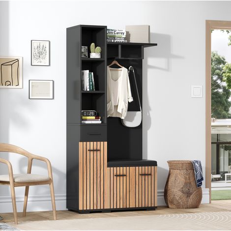Perchero recibidor 80x35x175 cm, con banco zapatero, 2 armarios, cajón, 2 ganchos, madera natural y negro (1/5)