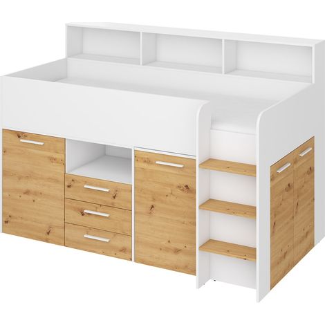 Bim Furniture – Lit mezzanine avec bureau coulissant – Dimensions 206x120cm – Surface de couchage 80x200cm – Hauteur 138cm – Panneau stratifié blanc/chêne (1/5)