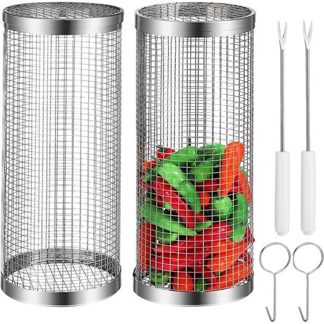 Panier à griller à roulettes pour barbecue extérieur, 2 grilles en acier inoxydable, tube à griller, panier à griller (1/5)