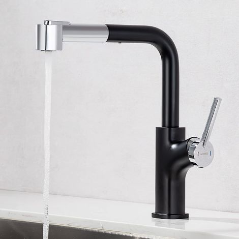 Robinet Cuisine Douchette Extractible, Lonheo Mitigeur Cuisine avec Pipe PEX de Qualité Alimentaire, Robinetterie Evier Rotatif à 360°, 2 Modes de Pulvérisation, pour Cuisine,Bar, Camping (Noir) (1/5)
