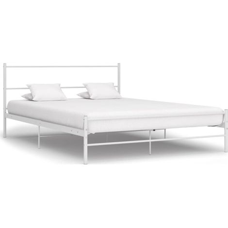 – Cadre de lit métal blanc 140x200 cm – Construction solide – Lattes métalliques flexibles – Hauteur 32,5 cm pour confort optimal (1/5)