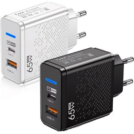 Chargeur USB C Puissance de 65W, Chargeur à Double Sortie, Compatible avec iPhone 16/15/14/13/12/11 Pro/Max/Plus/Mini/SE/X/XR/XS, iPad, Watch, Galaxy, Android et Plus. EU(Lot de 2 Chargeurs Noir Blanc