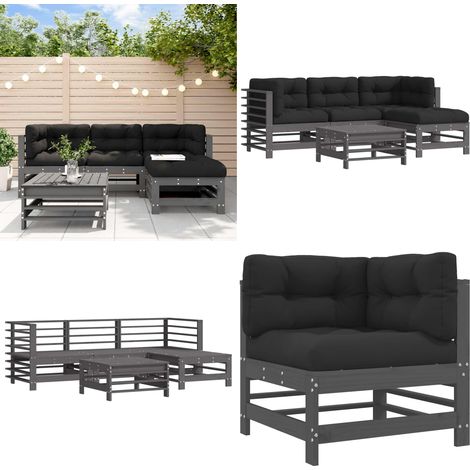 Salon de jardin 5 pcs avec coussins gris bois massif - Salon De Jardin - Mobilier De Jardin - Ensemble Salon - Meubles De Jardin - Bois Massif - Home & Living