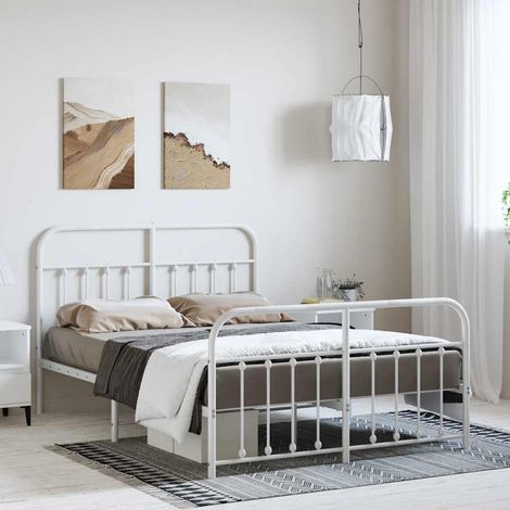 Lit double-135 x 190 cm, Cadre de lit, Lit adulte, Structure de lit métal avec tête de lit/pied de lit blanc 135x190cm PDKEI47734 (1/5)