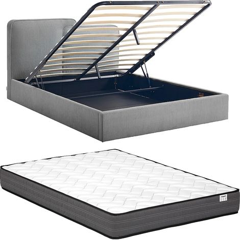 Letto contenitore 160 x 200 cm - Velluto a coste - Grigio + Materasso - NAYOLA (1/5)