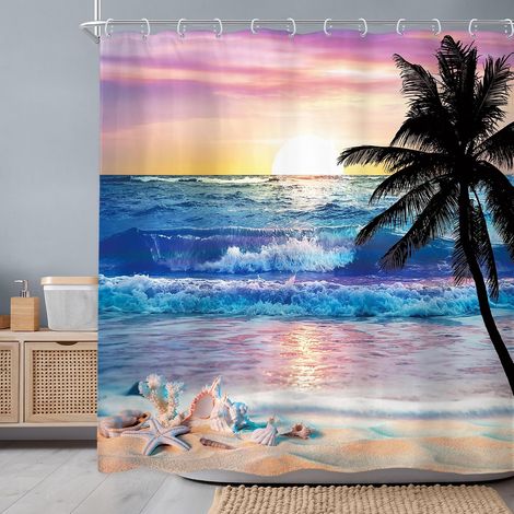 Rideau de Douche océan Lever du Soleil 183 x 183 cm Plage Tropicale Palmier hawaïen Coucher de Soleil Paysage côtier Vague de mer Ensemble de Salle de Bain imperméable Accessoires de (1/5)