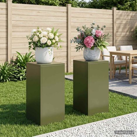 vidaXL Soporte de plantas 2 pcs Verde oliva 30 x 30 x 60 cm Acero (1/5)