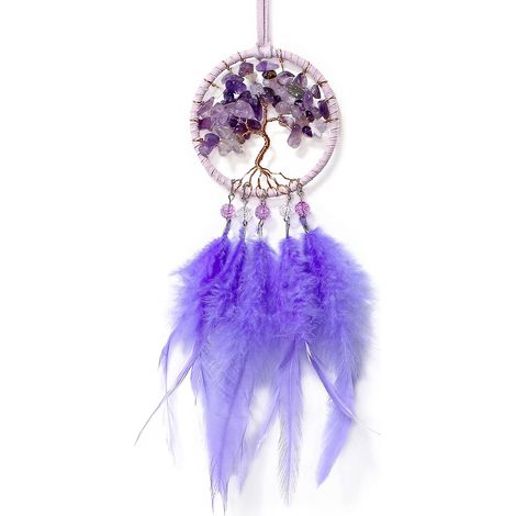 Attrape-rêves petit format fait main en plumes, décoration pour voiture, attrape-rêves arbre de vie pour chambre, voiture ou maison, violet (1/5)