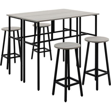 6-teiliges Industrie-Barset mit 2 Tischen und 4 Hockern, Holz und Stahl, Grau/Schwarz (1/5)