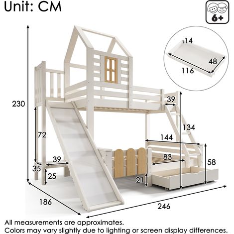 Lit surélevé enfant 90x200 & 140x200 cm, lit cabane chalet avec toboggan, échelle et tiroir de rangement, sommier inclus, sécurité norme EN747-1:2024 (sans matelas)