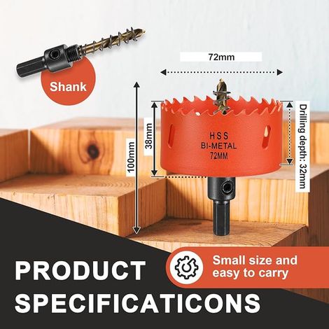 Bi-Metal Hole Saw 72 mm, Drill Bit for Wood and Metal, Round Drill Bit, Cutting Depth 35 mm for Steel, Cast Iron, Aluminum, Drywall, Plywood and Acrylic (1/3)