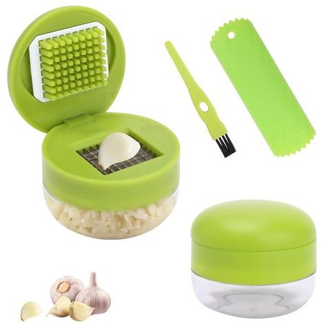 Garlic Press Set, 2-Piece Manual Garlic Press with Silicone Peeler and Cleaning Brush, Food-Grade Stainless Steel Blades, Effortlessly Crushes Garlic and Ginger (1/5)
