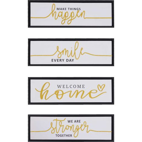 Lot de 4 tableaux muraux HWC-N96, décoration murale cadres photo citations Smile Home, bois toile 15x45cm (1/5)