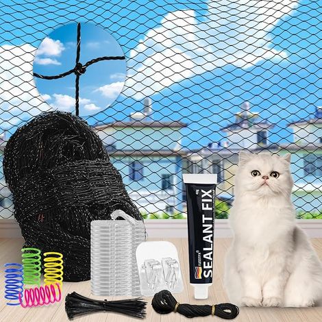 Protective Net for Cat Balcony, 3 x 4 m / 3 x 6 m / 3 x 8 m Cat Balcony Net with Adhesive Hooks, Silicone Cable Ties and Cat Toys (1/5)
