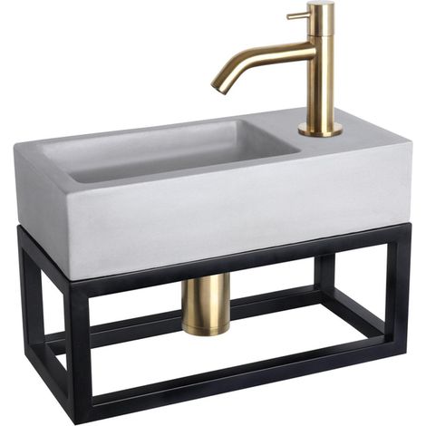 Differnz Ravo kit lave-mains - 38.5x18.5x25cm - Rectangulaire - 1 trou de robinet - Robinet courbé doré mat - avec cadre noir - béton gris clair (1/5)
