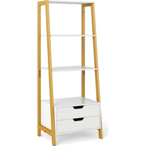Libreria a scala 52 x 40 x 134 cm con 4 ripiani aperti e 2 cassetti design moderno in legno ingegnerizzato bianco 200010739