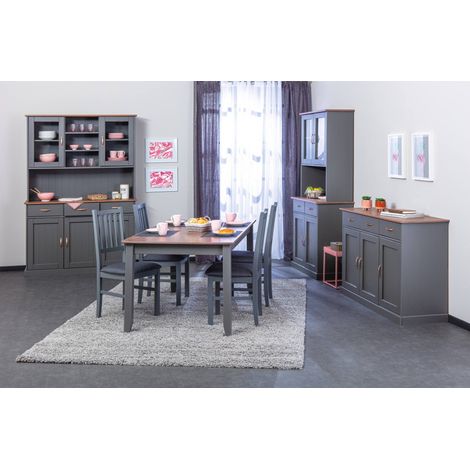 Dmora Credenza a 2 ante chiuse 2 vetrine e 2 cassetti, in pino massello verniciato grigio con top e finiture color marrone, 90x45x191 cm, con imballo rinforzato (1/5)