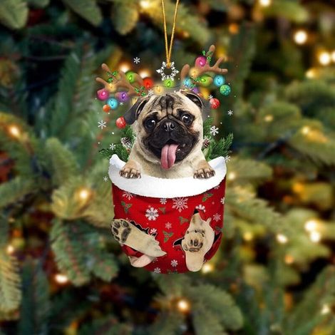 Autre décoration pour Noël,Décoration de Noël en forme de carlin fauve dans une poche de neige, renne carlin, décoration d'arbre à suspendre, pour les amoureux des chiens, accessoires de voiture, déco