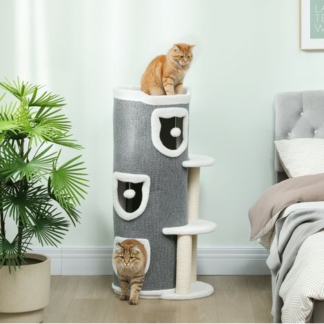 Arbre à chat tonneau en sisal et polyester gris, 3 niveaux, pour griffer, jouer et se reposer, 50 x 36 x 101 cm (1/5)