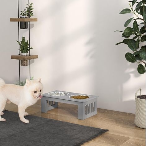 Stazione rialzata per cani con 2 ciotole in acciaio inox, MDF, grigio, 44 x 24 x 15 cm (1/5)