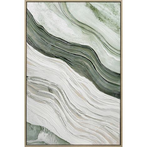 Tableau décoratif abstrait avec design peint à la main en tons verts et blancs, 90x60 cm
