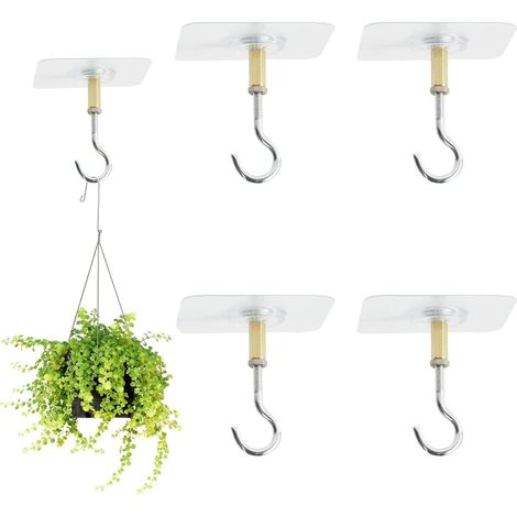 4 Pièces Crochets de Plafond autocollants sans perçage en PVC transparent pour plantes suspendues avec crochets en acier inoxydable pour plafond (1/5)