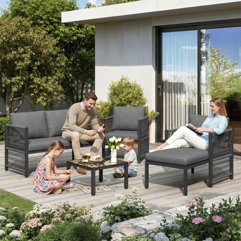 Garden Corner Sofa Set 4-5 Seater  Modular Outdoor Patio Lounge with Tempered Glass Coffee Table  Weatherproof Polyester Rope Furniture for Balcony, Terrace, Garden - Grey (1/5)