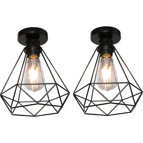 2PCS Plafonnier Rétro Lampe De Plafond Vintage Luminaire Plafonnier Cage En Métal Pour Couloir Escalier Chambre Cuisine 20CM (Noir) (1/5)