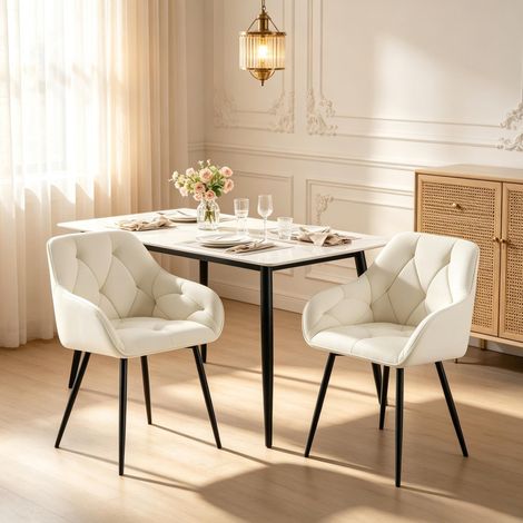 Set di 2 sedie da pranzo color crema in velluto, con braccioli ergonomici e gambe in metallo (1/5)