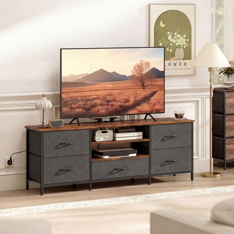 Meuble TV 140 cm. meuble télé 65 pouces. station de charge. 5 tiroirs en tissu. étagères ouvertes. 140x30x50cm. marron