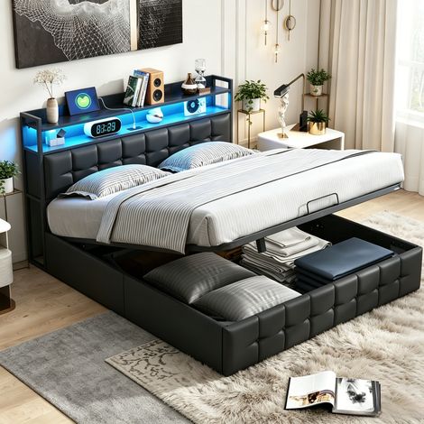 JOOKGBD-Polsterbett Doppelbett 140x200 cm,Jugendbet,Hydraulisches Bett mit Bettkasten und Lattenrost,Staufach-Kopfteil mit LED und USB Ladestation,Multifunktionales Bett,PU,ohne Matratze,Schwarz