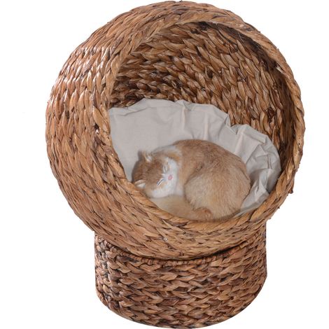 Panier surélevé en osier tressé en feuille de bananier pour chaton, niche douillette avec coussin moelleux, 50 x 42 x 60 cm, marron