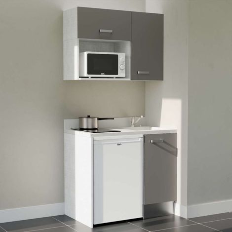 Kitchenette K00L - 100 cm - plan monobloc évier intégré Snova- évier à droite - Façades Gris + Electroménager inclus coloris Blanc