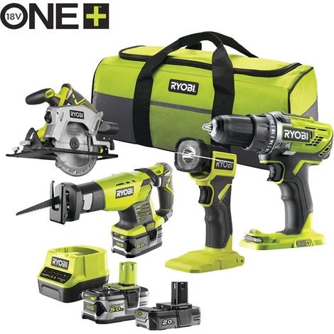 Ryobi Kit 4 Utensili Trapano Avvitatore Sega Circolare Sega a Gattuccio Torcia E Due Batterie