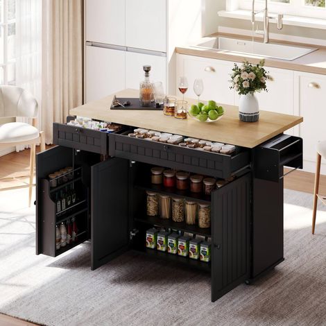 Isla de cocina 137 x 89,5 x 45 cm en MDF natural/negro con encimera abatible y almacenaje (1/5)
