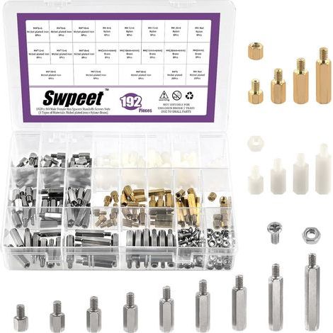 Kit d'Entretoises en Acier au Carbone Filetage Métrique Mâle Femelle 192 Pièces M4 21 Tailles 3 Matériau Fer Verni Laiton ou Nylon Vis Écrou Assortiment, Entretoises (1/5)