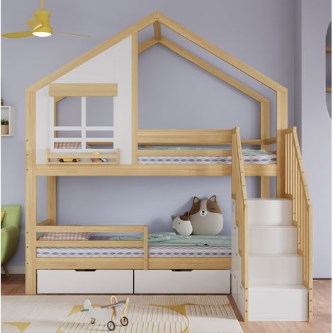 Lit superposé enfant 90x200 cm avec rangements à roulettes, fenêtres, pin et MDF, blanc naturel (1/5)