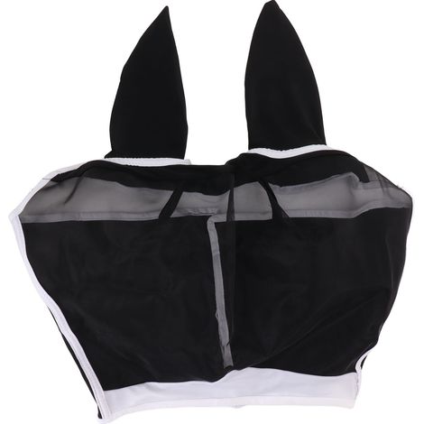 Masque anti-mouches pour cheval en filet respirant, protection UV élastique avec oreilles, noir taille S 42x35cm (1/5)