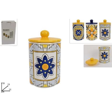 TrAdE Shop Traesio - Barattolo In Ceramica Decorata Fantasia Decoro Maiolica Colori Assortiti 19x11cm -