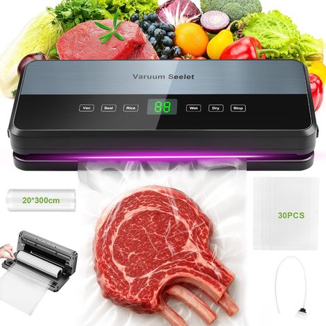 Machine Sous Vide Alimentaire 6 en 1, Sous Videuse Alimentaire pour Mode Sec/Moist Avec Tuyau D'aspiration D'air, Coupeur Intégré et Rangement du Sac, 1 Rouleau de Sacs, 30 Sacs (1/5)